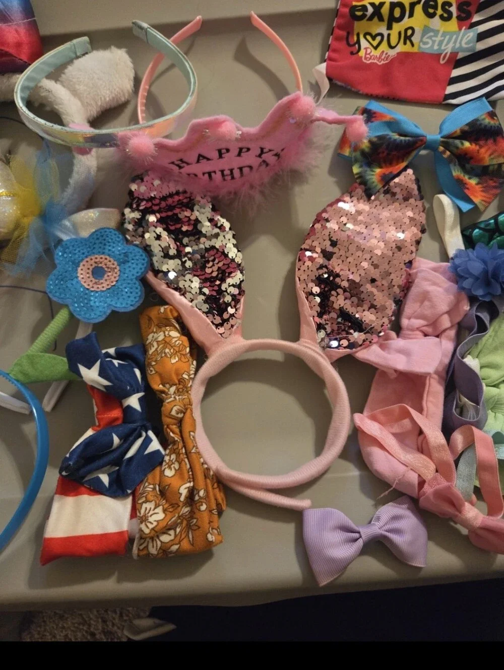 Lot huge bundle of hair accessories headbands & bows birthday crown & barbiebag